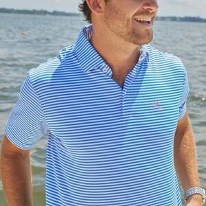 Rhoback The Birdie Stripe Performance Polo Short Sleeve Blue & White Shirt